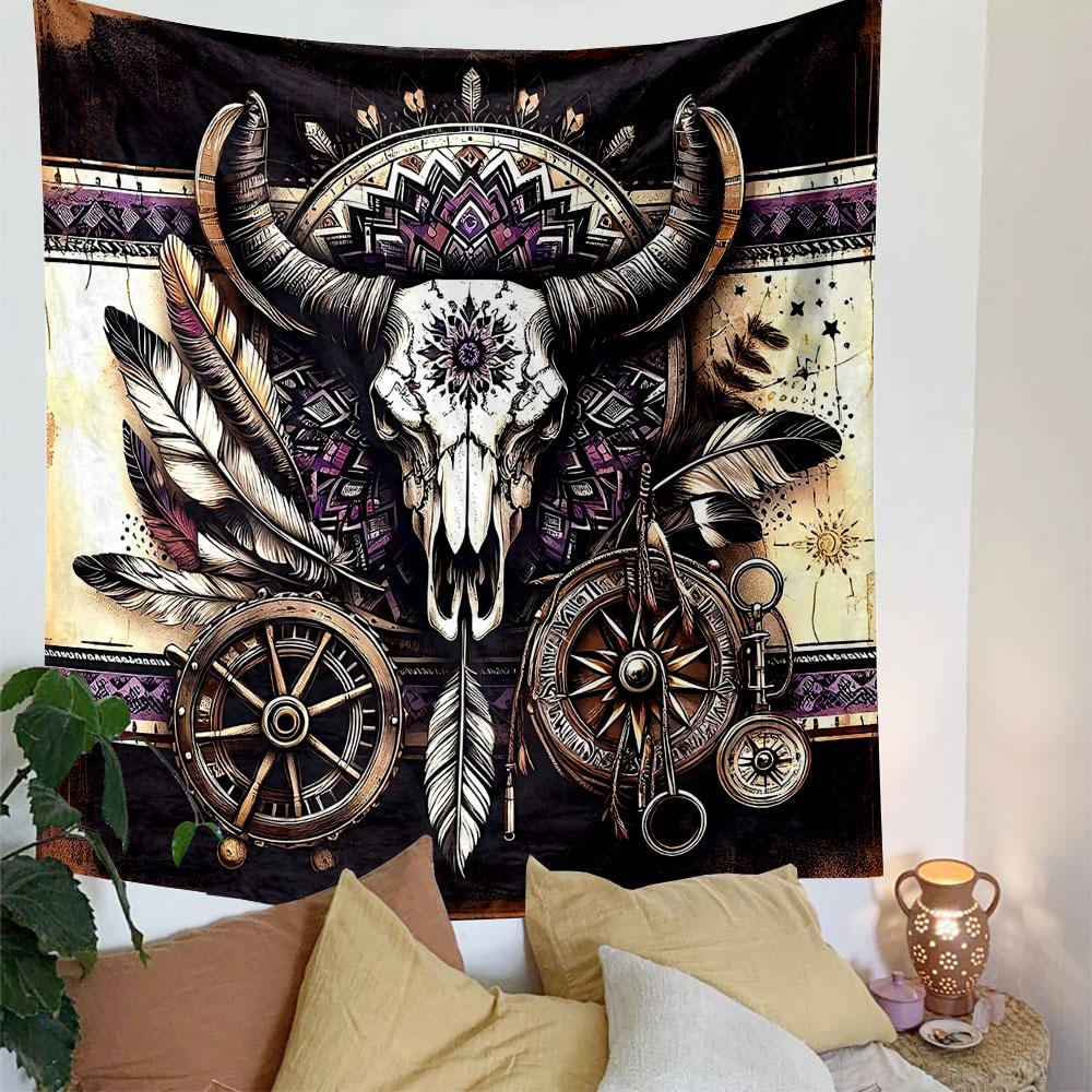 "Boho Skull with Feathers and Mandala" Patterned Tapestry Decorative Wall Hanging, Home Bedroom Living Room Decor