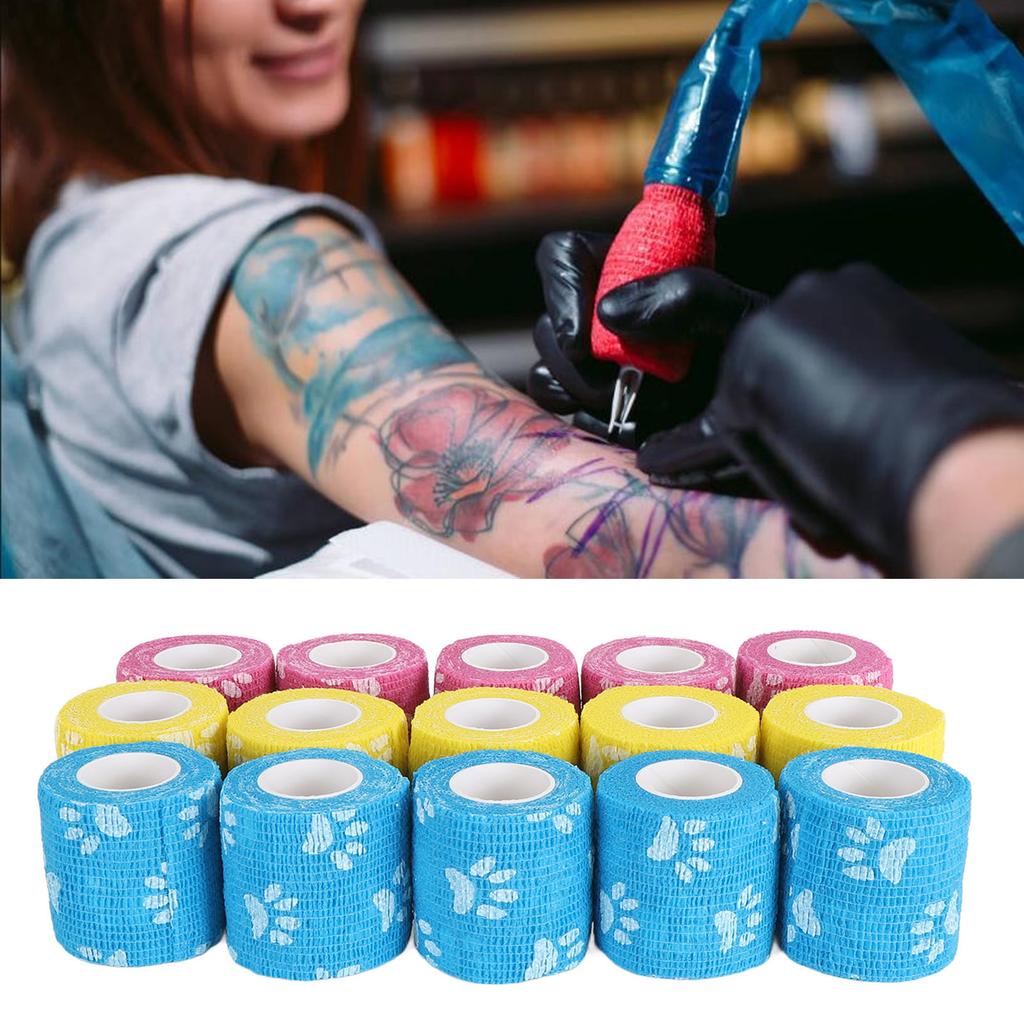15PCS Tattoo Grip Cover Wraps Self Adhesive Elastic Tattoo Bandage Tape Paw Print Yellow Blue Rose Red 5cm Width