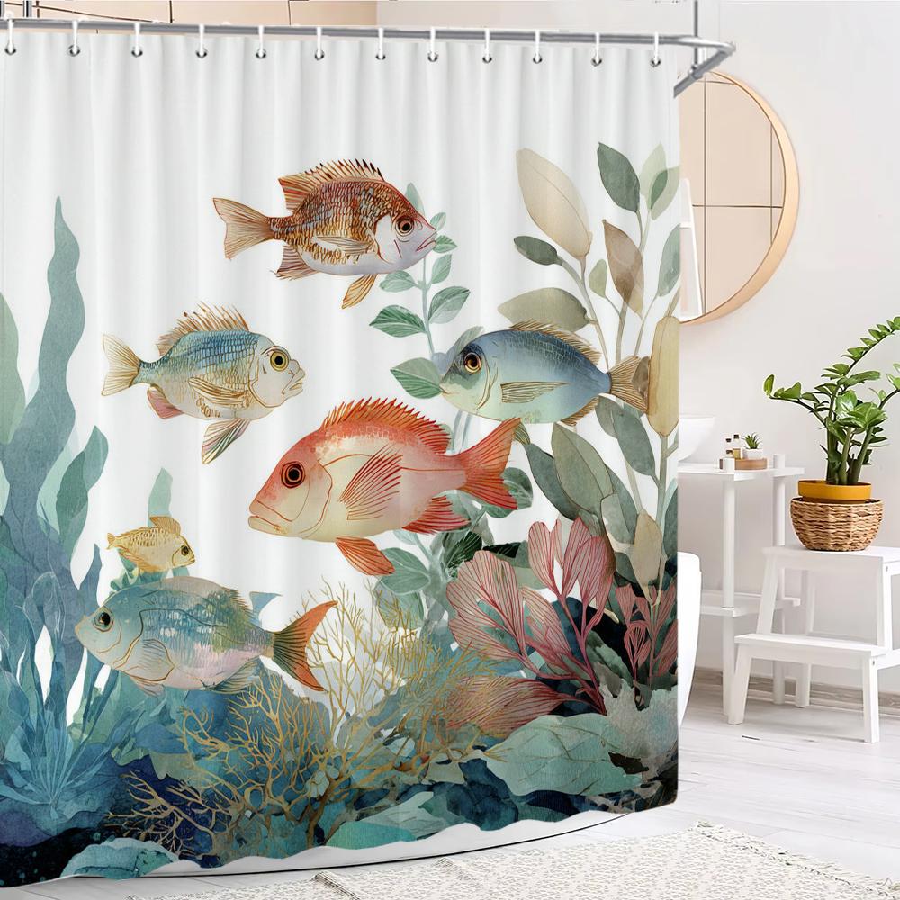 Sea Turtle Shower Curtain, Blue Beach Coastal Sea Turtle Starfish Underwater Creatures Bathroom Decorative Shower Curtain