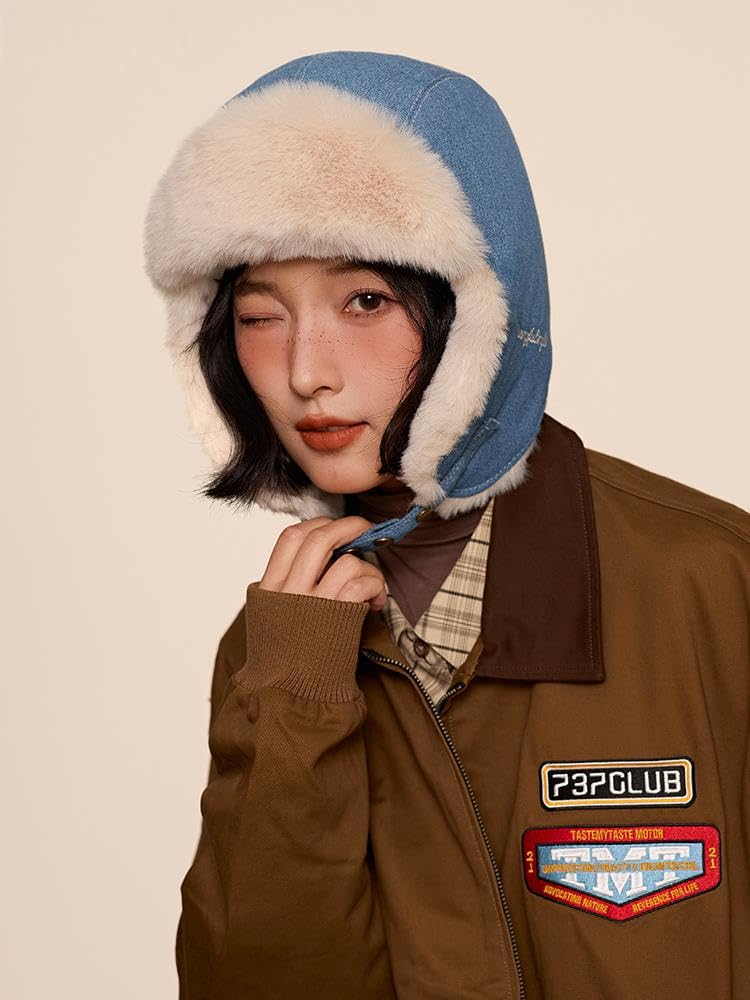 Clakllie Flight Pilot Cold Weather Hat with Ear Perfect for Outdoor Fall and and Hiking Cap, Cap, Denim, Flaps, Embroidered, Warm, Fluffy, Activities,