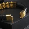 European-American Punk Bicycle Chain Titanium Steel Bracelet with Woven Cowhide In Stainless Steel Motorcycle Design.