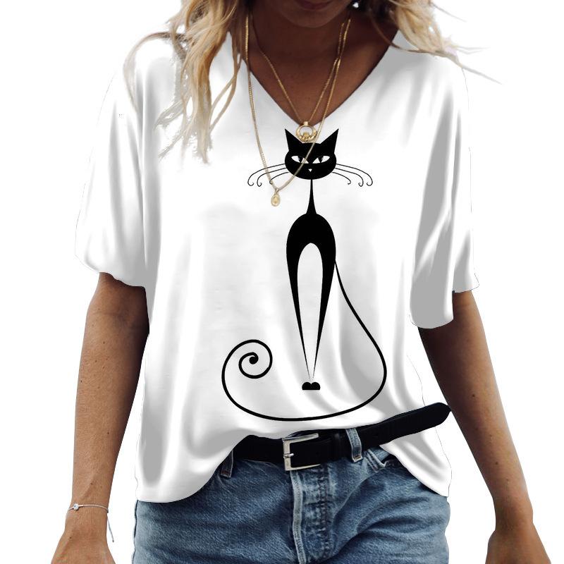 T-Shirt Frühling Sommer Damen Lässig Kurzarm V-Ausschnitt Katze 3D Gedrucktes Top Quelle