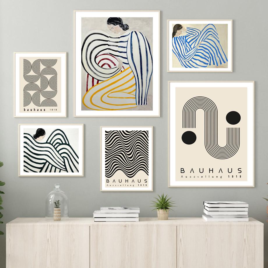 Abstract Striped Girl Bauhaus Geometric Wall Art Posters Prints Picture Vintage Line Canvas Paintings For Modern Room Home Decor