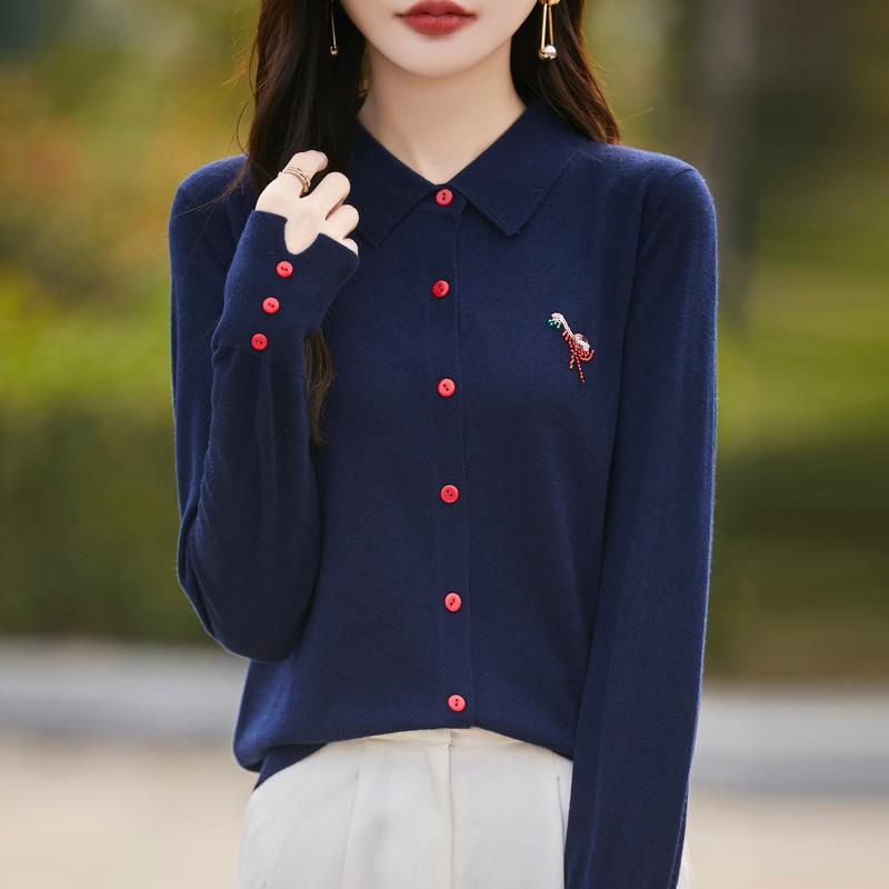 

Spring New POLO Knitted Cardigan Flamingo Hot Diamond Cuffs Slit Top M рожевий