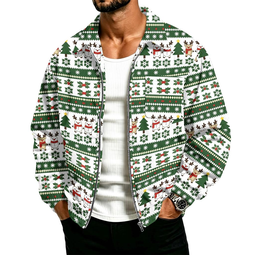Men's Casual Corduroy Work Jacket with Pockets, Zip-Up Long Sleeve Coat, Christmas Print