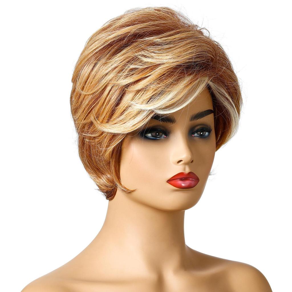 Ladies Short Brown Blonde Synthetic Wig Hairstyle Curly Wig With Bang For Women Daily Use Heat Resistant Fiber