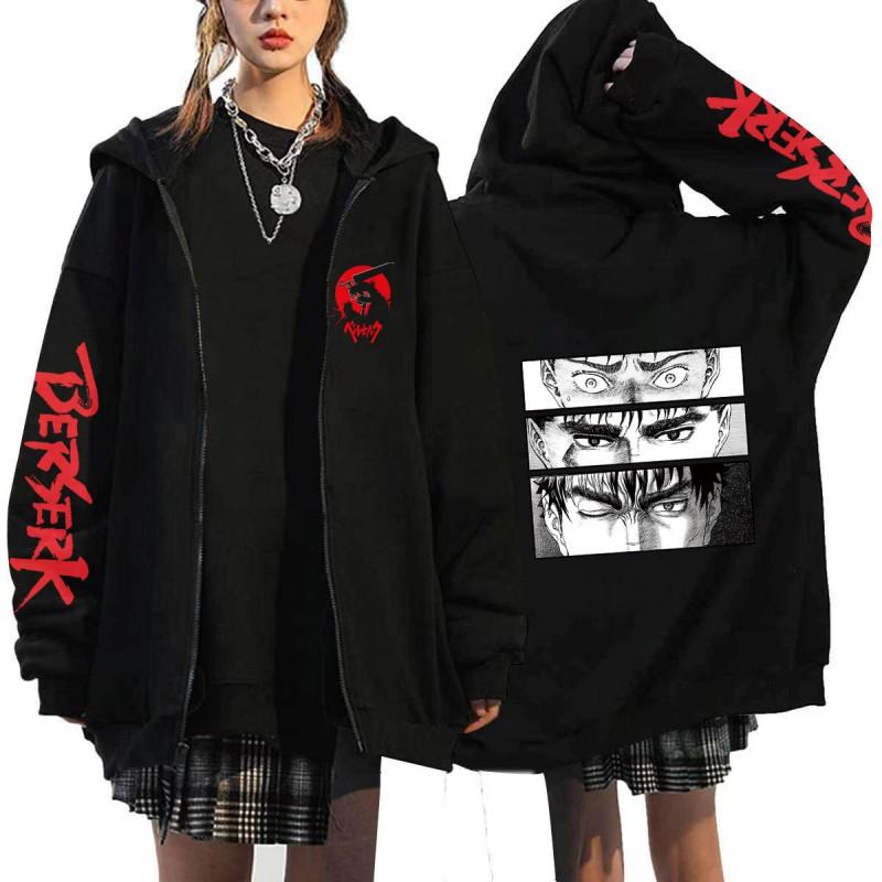 Berserk Anime Hooded Zip-Up Sweatshirt Men Oversized Fleece-Lined Pullover With Drawstring Cap Side Pockets