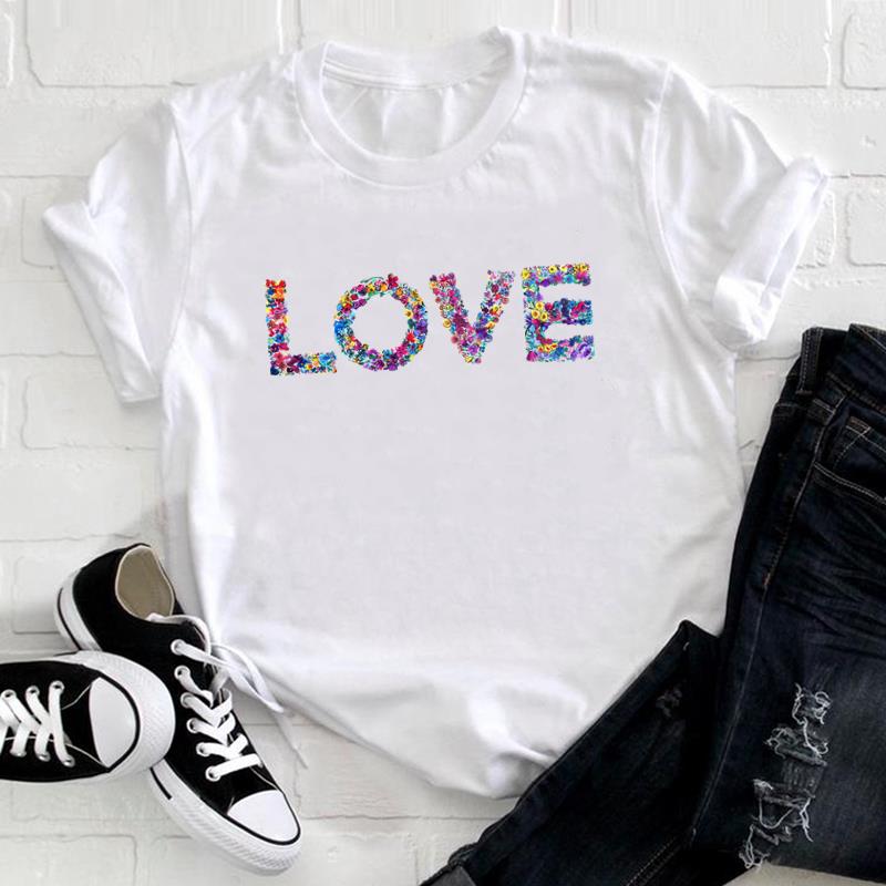 (European Size) Love Heart Tee Top Fashion T Shirt Watercolor Trend Cute Women Print Lady Female  Clothing Casual Short Sleeve Graphic T-shirt