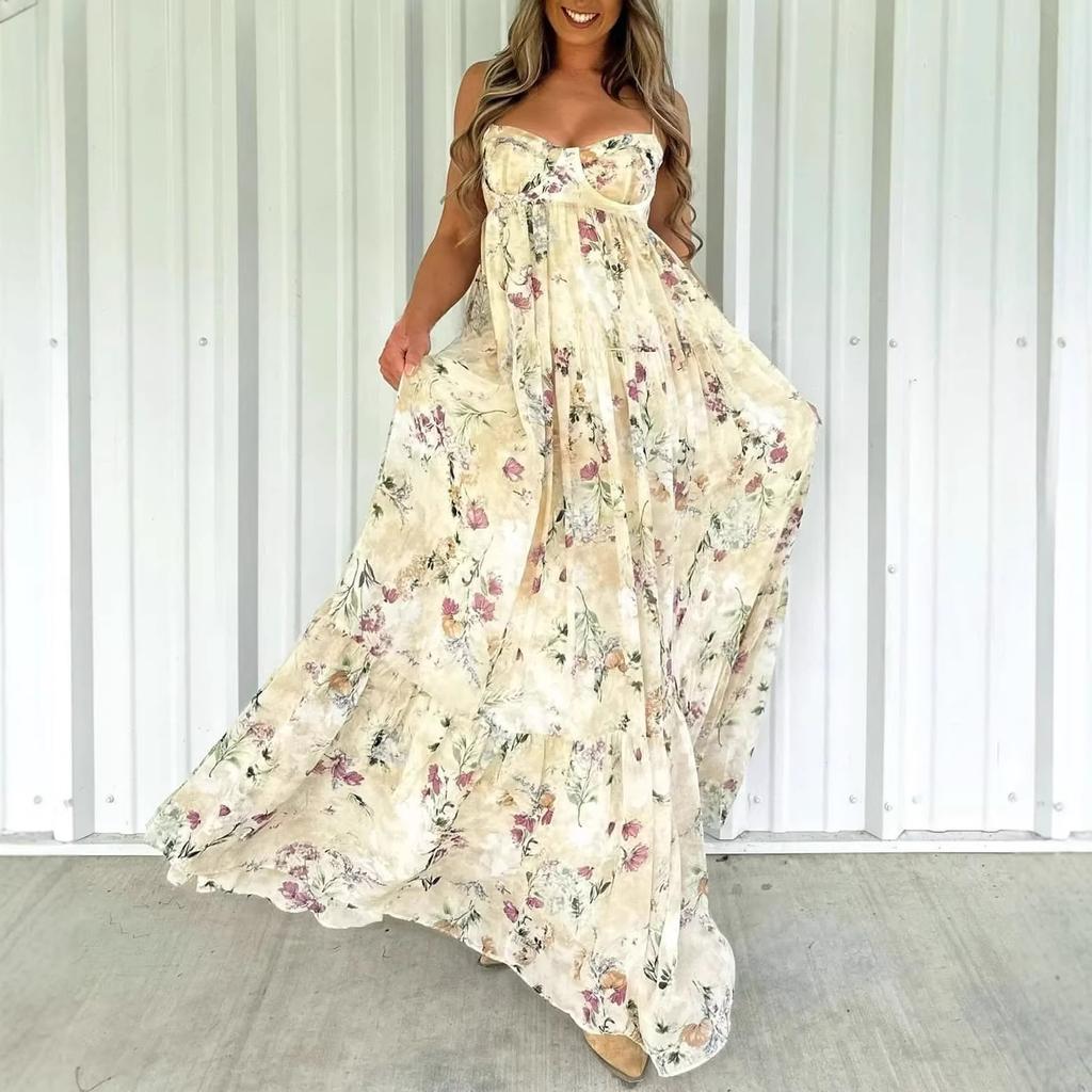 Sleeveless Floral Print Tiered Hem Maxi Dress