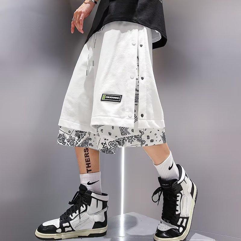 

Cashew Flower Two-Piece Look Men s Casual Summer Shorts - Korean Style, Trendy Button-Down Loose Fit, Five-Point Length. 3XL