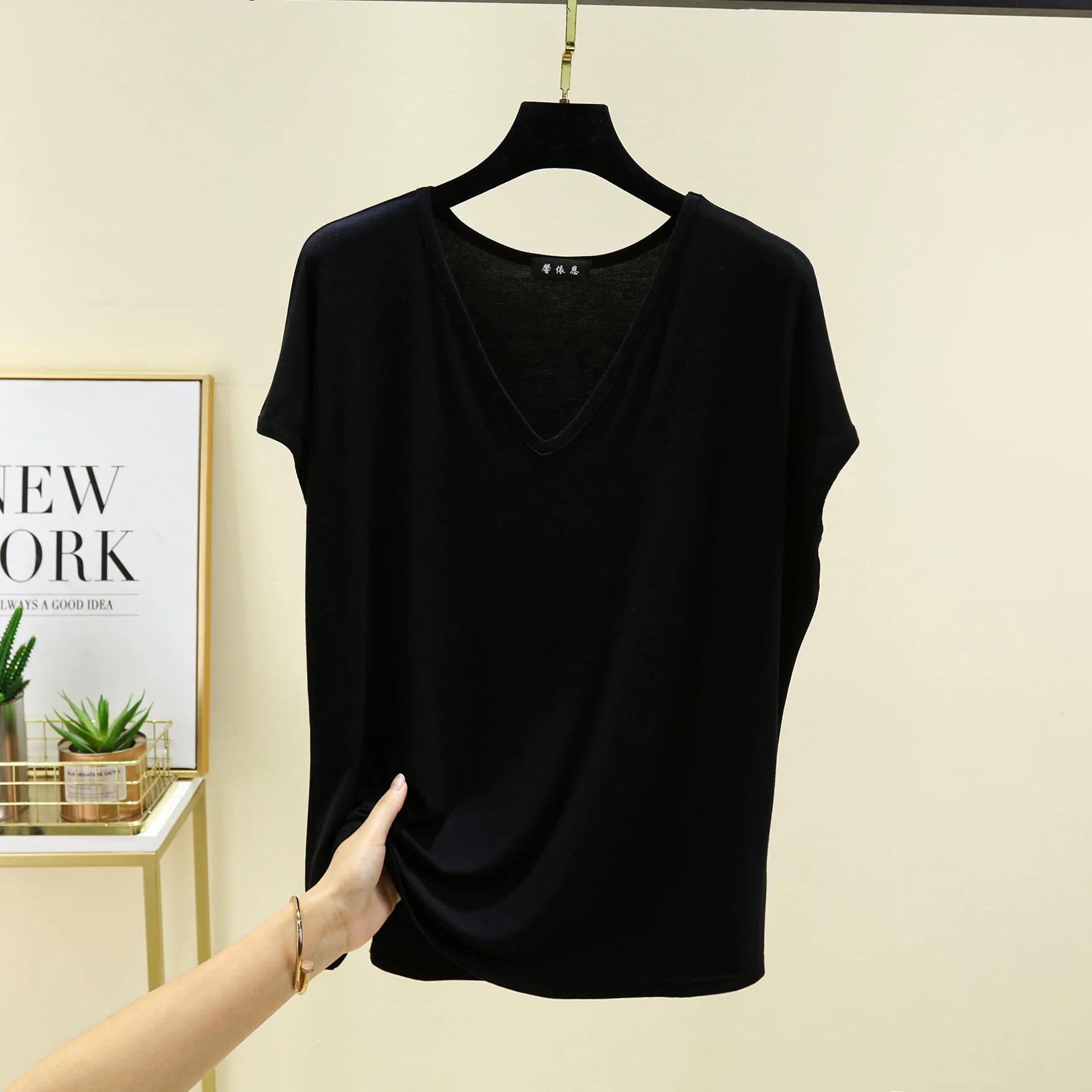 

Modal V-Neck Tank Tops Summer Women s T-shirts Sleeveless Plus Size Thin Casual Loose Tee Tops XXL чорний