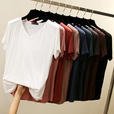 Spring Summer Loose Plus V-neck Modal Short Sleeved T-shirt for Women Women's Inner Layer Bottom Layer Top Solid Color T-shirt