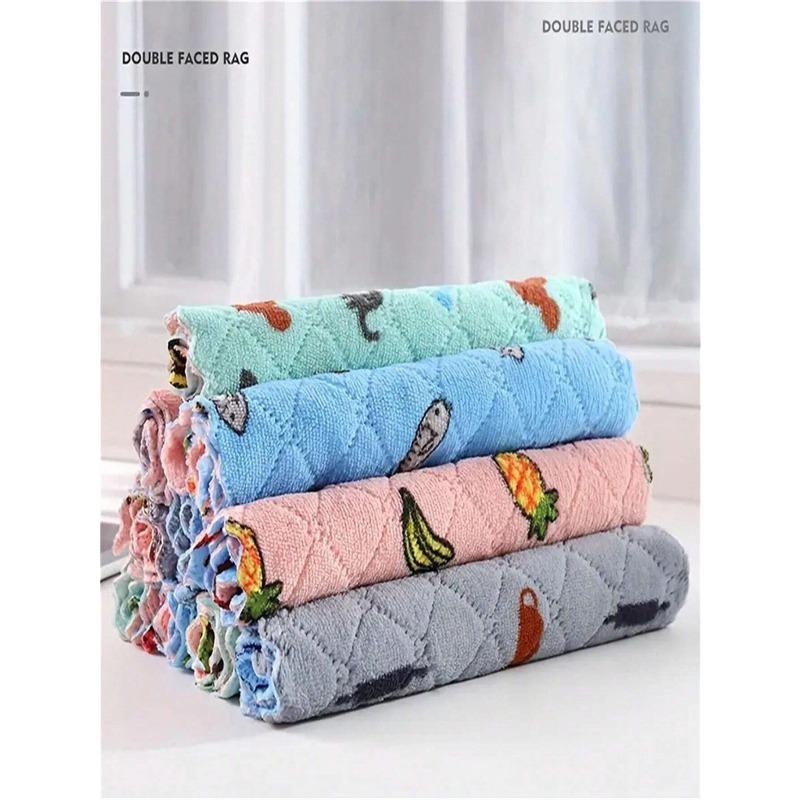 Dish Cloth, Coral Velvet Cartoon Printed Double-Sided CleaningTowels, Scouring Pad, New Kitchen Printed Cleaning Cloth