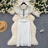 Women's Polo Collar Ribbed Knit Dress with Pearl Buttons and White Trim In Blue and Beige