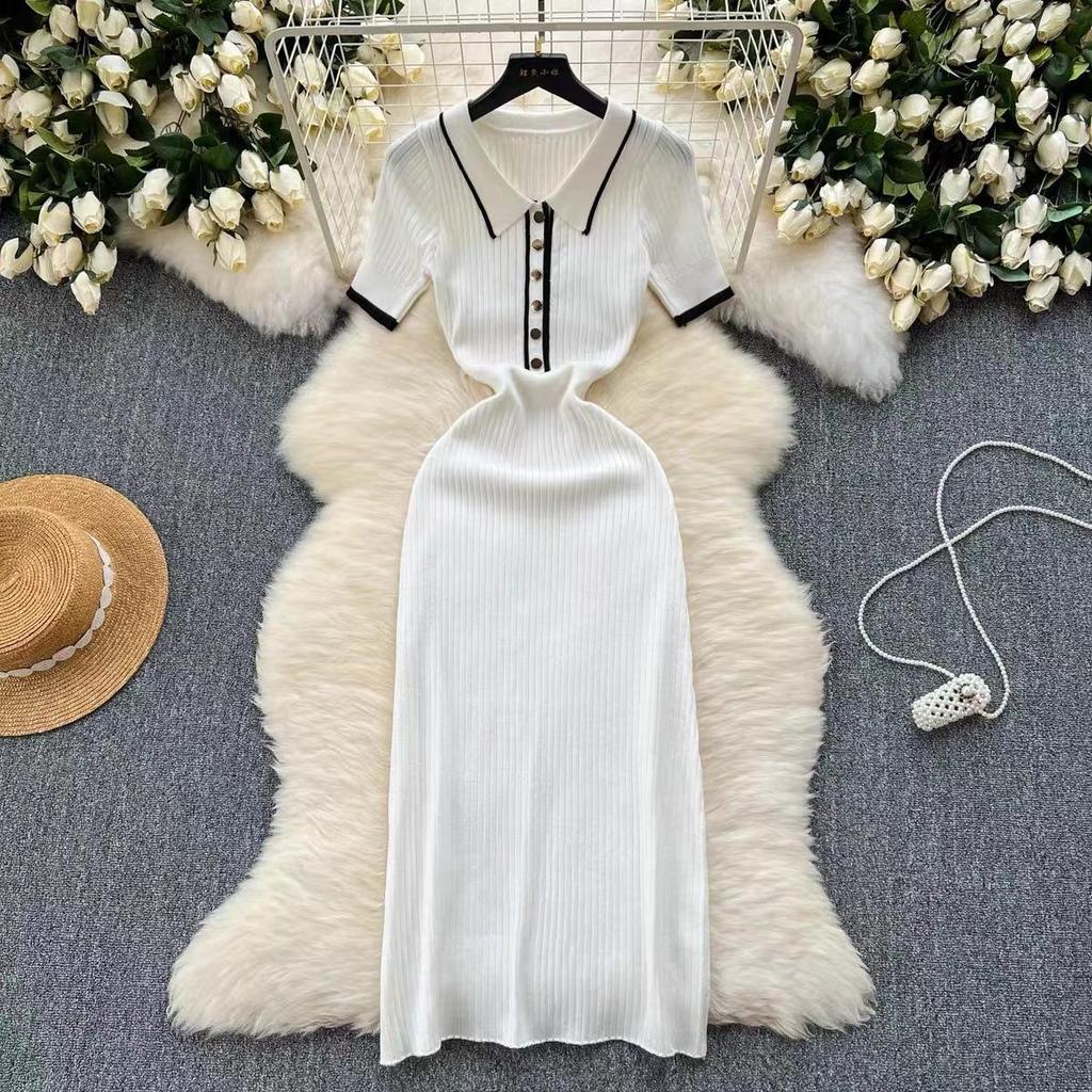 Women's Polo Collar Ribbed Knit Dress with Pearl Buttons and White Trim In Blue and Beige