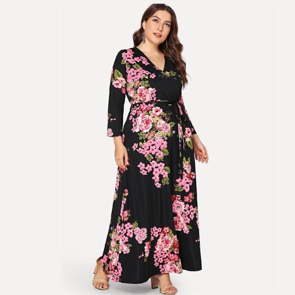 Women's Long Sleeve V Neck Tie Print Long Plus Size Dress
