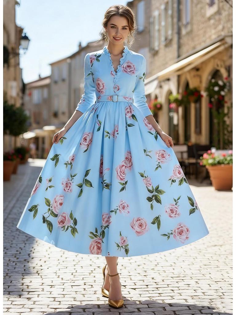 Artistic Retro V-Neck Waist-Cinching Long-Sleeve A-Line Women's Dress