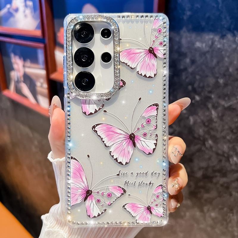 The Flash Diamond Frame Is Suitable for Samsung S25Ultra Mobile Phone Case, Painted Flower Butterfly Mirror Holder, New A56 Case.