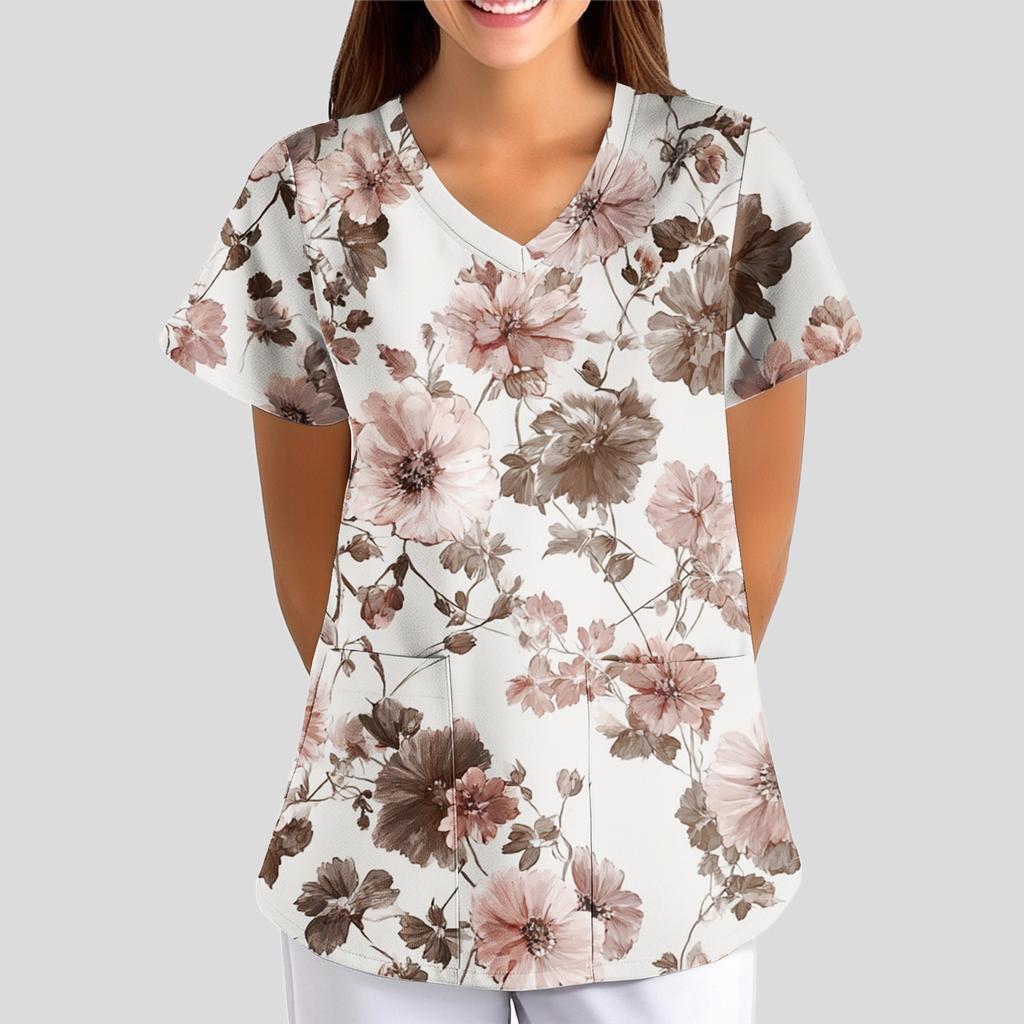 Women's Floral Print Loose V-neck Short-sleeved Uniform/ Uniform
