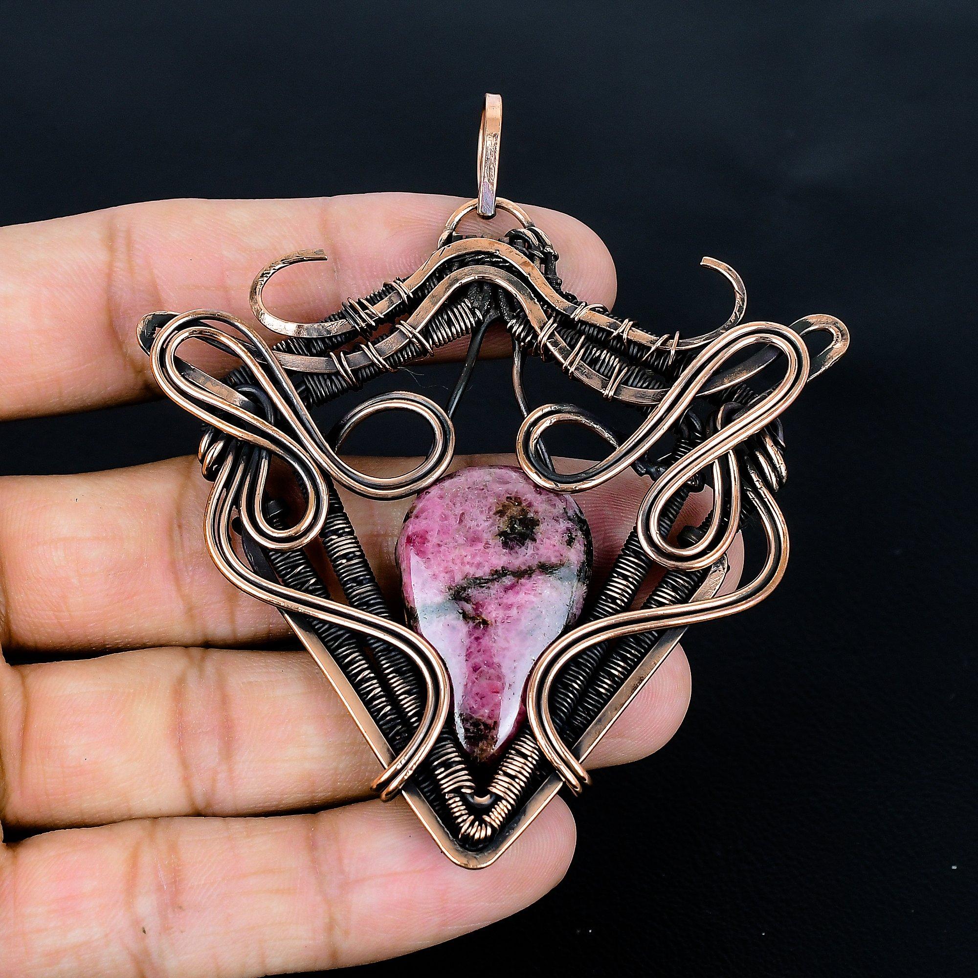 

Rhodonite Pendant Gemstone Jewelry, 999 Copper Wire Wrapped Handmade Pendant, Latest Design Jewelry 2.55 Inches