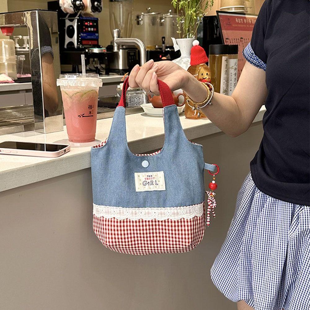 Portable INS Sweet Lace Handbag Denim Plaid Canvas Tote Bags Commuting Bags