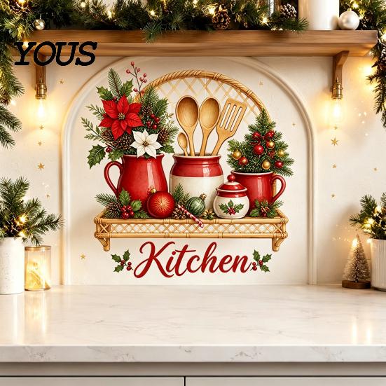 Murale Impermeabile per Zona Fornelli Stoviglie di Natale Adesivi Utensili, Teiera Tazza Palline Fiori Decalcomania, Decorazione Festiva Retro Rimovibile Peel