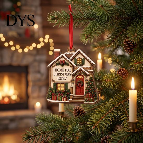 Rustic Hanging Cabin Decor Wooden Christmas House Ornament, 2D Castle Car with Gift Box Set Red String, Tree Pendant, Holiday for Home Indoor Festive