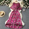 Vintage Elegant V Neck Split Print Short Sleeve Dress Chic Slim A Line Vestidos Summer Vacation Party Women Fashion Dresses