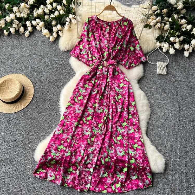 Vintage Elegant V Neck Split Print Short Sleeve Dress Chic Slim A Line Vestidos Summer Vacation Party Women Fashion Dresses