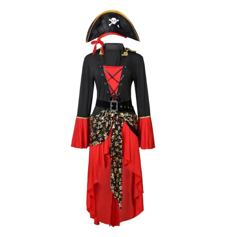Halloween Cosplay Dress Pirate Queen Dance Party Stage Performance Costume Bell Sleeves Irregular Hem Lace-up Strap Belted Waist