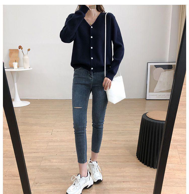 Korean Style V-Neck Ribbed Knit Cardigan for Women - Soft, Slimming, Versatile, Loose Fit, Long Sleeve, 2026 Spring Collection.