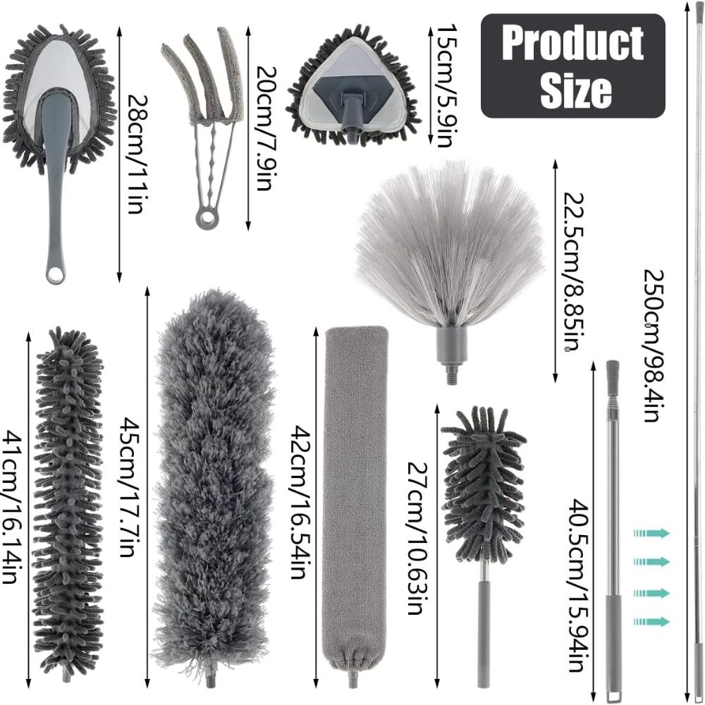 9 PC Microfibre Durability Pole Extension Telescopic Expanding 100 Inches Microfibre Duster Foldable Lightweight Duster with Ceiling Fan Blinds Car