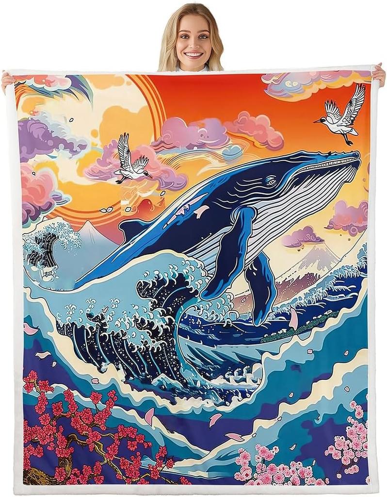 GUOYU Blanket Japanese Wave Fleece Throw Blanket Queen Japanese Style Plush Blanket for Boys Girls Teens Ocean Wave Sherpa Blanket Sea Waves