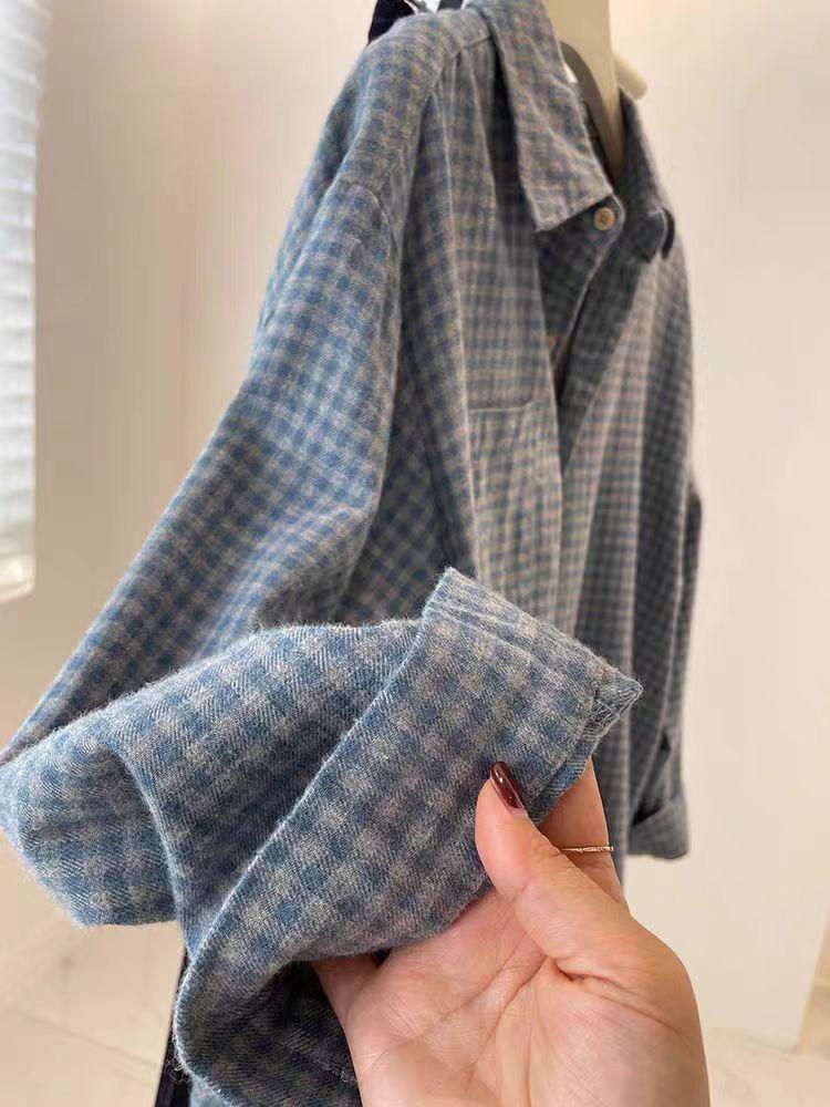 Damen Blau Kariert Retro Hemdjacke - Verdickt, Lockere Passform für Herbst/Winter