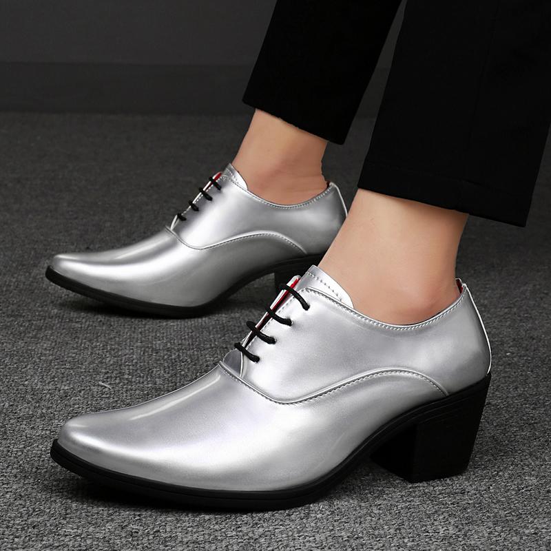 Men High Heels Silver Derby Wedding Dress Dance Business Gold Elevator Shoes Height Increase Tuxedo Prom Blazers Shoes Plus Size