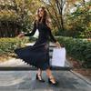 Elegant Knitted A-line Patchwork Sweater Dress for Women Casual Half Turtleneck Long Sleeve Pullover Tassel Slim Knitwear Midi Dress