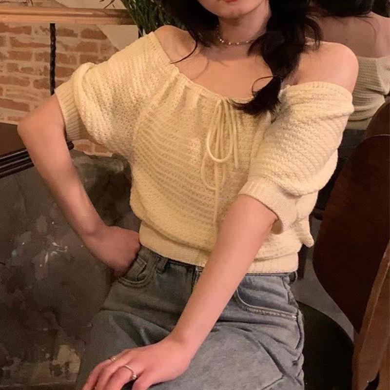 French Style One-Shoulder Short-Sleeve Knit Top for Women One Size белый