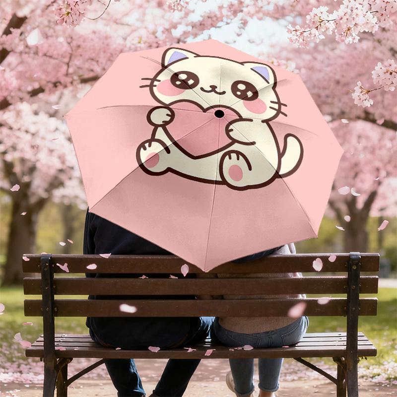 Adorable Kitten Heart Love Print Umbrella - Automatic Opening & Closing, Outdoor Travel Accessory, Lightweight and Durable 160