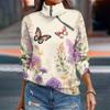 Damen Herbst und Winter Top mit Reißverschluss, lässiges Langarm-Top mit Retro-Blumendruck