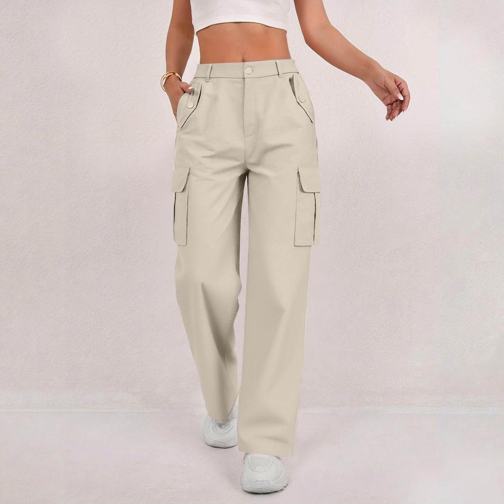 Women's Fashion Relaxed-Fit Pocket Straight-Leg Pants Sporty Wide-Leg Pants High-Waisted Casual Cropped Pants