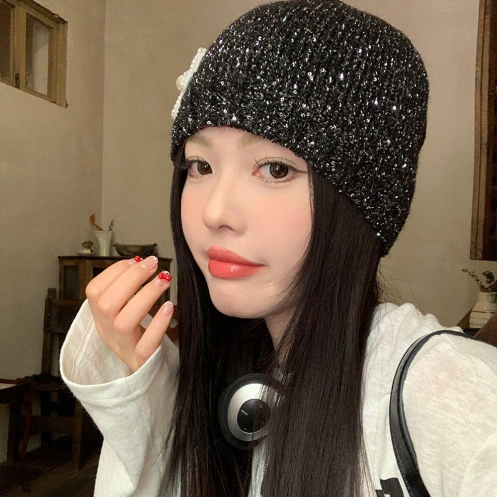 Bowknot Sequin Knitted Hat Hollow Woven Cap Fashion Beanie Hat Winter