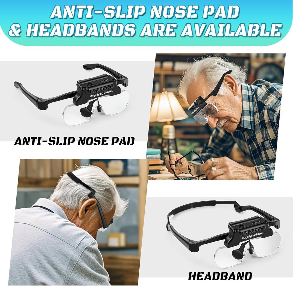 Rechargeable Headband Magnifying Glass with Professional Loupe with Light for White Light, Hands-Free, 5x, 3.5x, 2.5x, 1.5x, Jeweler's Close-Up Work,