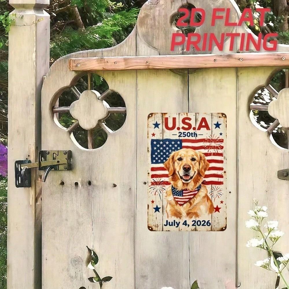 USA 250th Independence Day Golden Retriever Metal Sign 8x12 Inch Patriotic Dog Wall Art Iron Decor With Pre-Drilled Holes