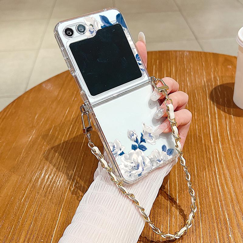 Metal Rope Lanyard Case For Samsung Galaxy Z Flip7 Flip6 Flip5 Flip4 Flip 7 FE 6 5 4 3 5G White Flower Pattern TPU Back Cover