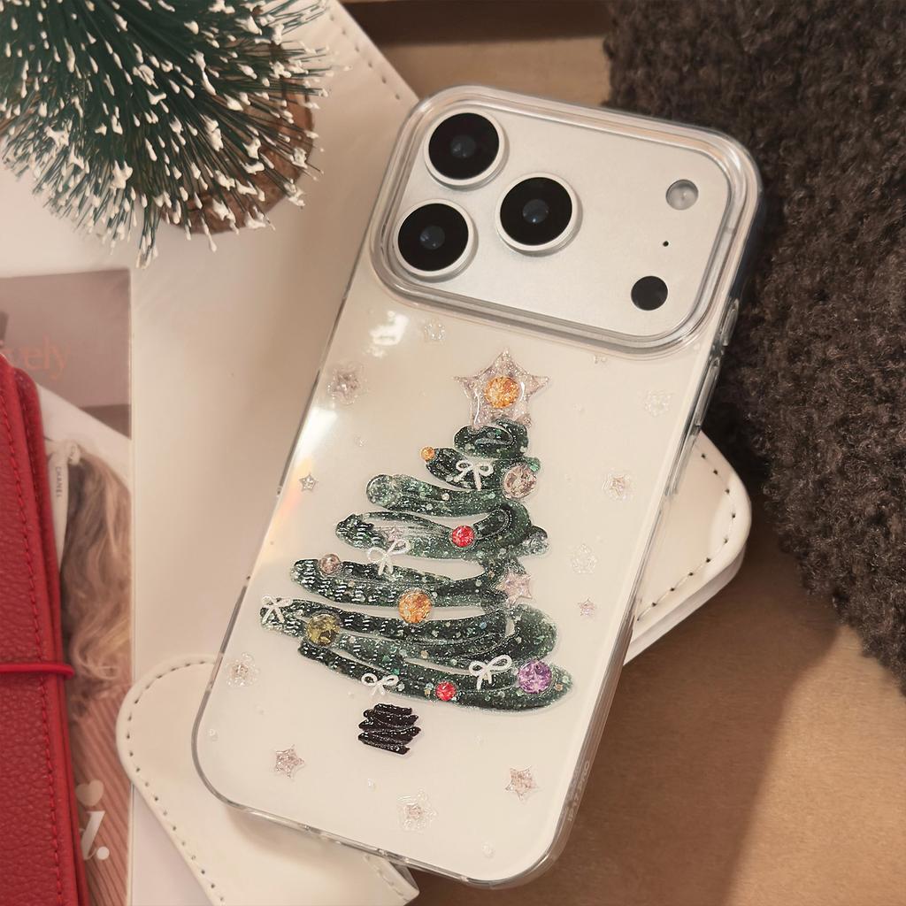 Embossed glitter for apple 17promax mobile phone case iphone16 Christmas tree graffiti 12 anti-drop 14 hard 15