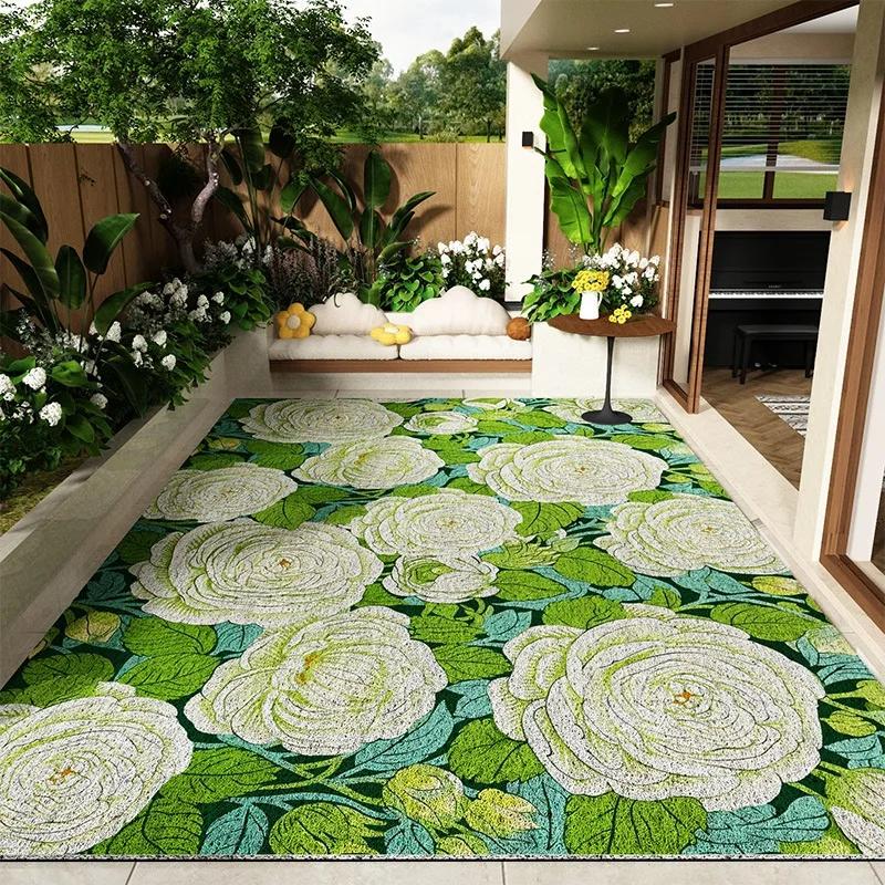 Balcony Floor Mats Non-slip Waterproof Sun-proof Carpet Flower Pattern Garden Courtyard Terrace Rug Large Size Home Decor Mats