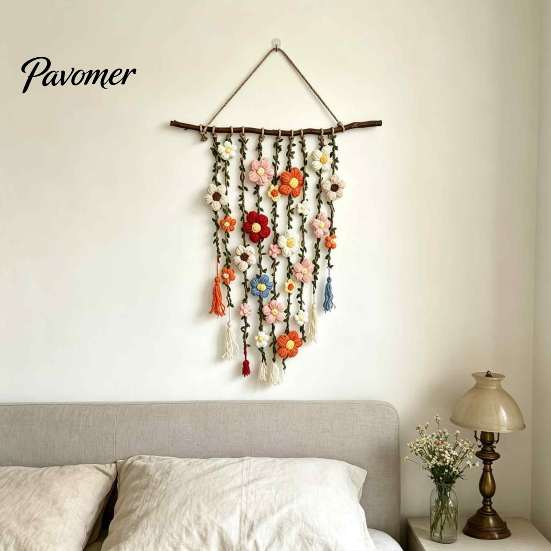 Artisan Knitted Flower Decoration Crochet Garden Wall Hanging, Colorful Tapestry, Handmade Boho Floral Accent Farmhouse Art for Bedroom Living
