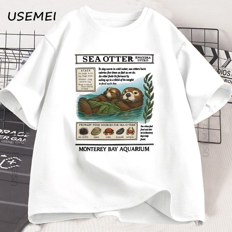 Sea Otter T Shirt Funny Monterey Bay Otter Printed T-Shirt Vintage Coastal Aesthetic Tee Cotton Short Sleeve Streetwear Tees