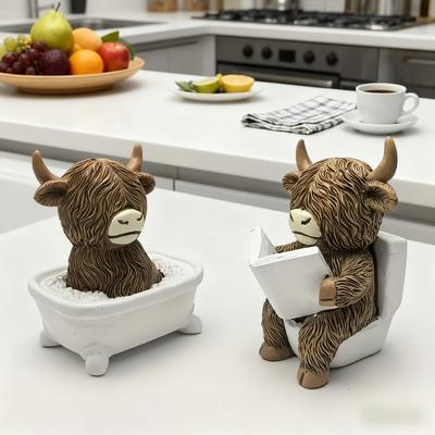 Creative Home Desktop Resin Bathroom Toilet Highland Bull Statue Ornament Festival Decoration