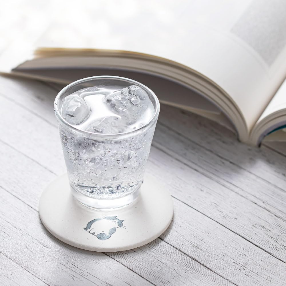 &NE Ceramic Diatomaceous Earth Coaster, Neko (Osumashi) White, 1 piece, 9.7cm diameter x 0.6cm thick, Made in Japan, Mino ware, Asbestos-free,